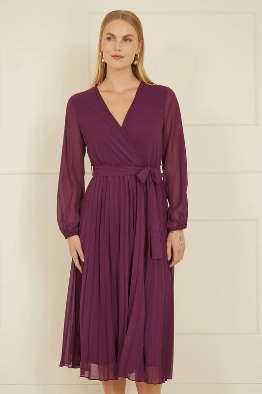 Yumi Plum Pleated Wrap Midi Dress With Sheer Long Sleeves - SHAWONÉ