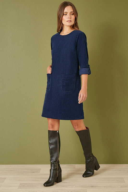 Yumi Navy Cord Tunic Dress With 3/4 Sleeves And Pockets - SHAWONÉ