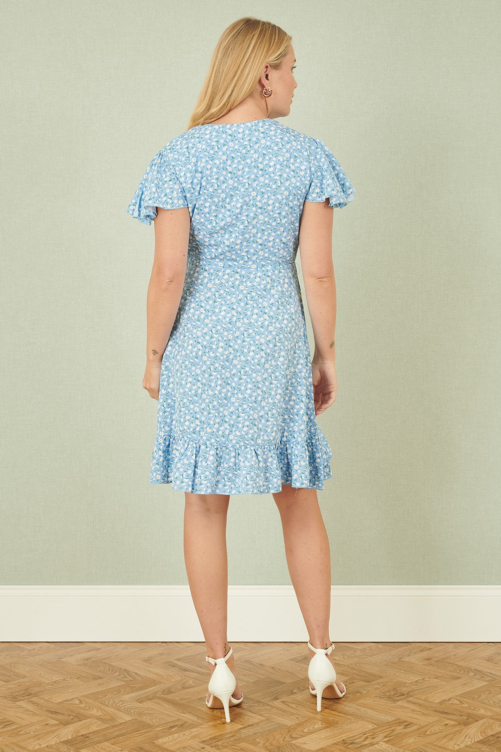 Yumi Blue Ditsy Floral Wrap Frill Dress - SHAWONÉ