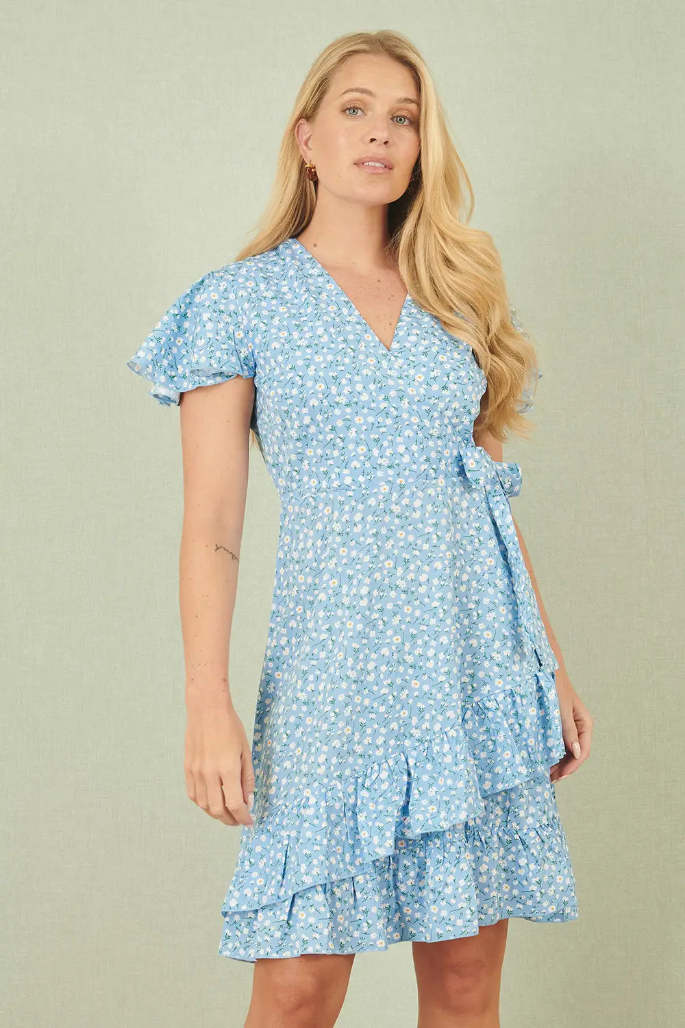 Yumi Blue Ditsy Floral Wrap Frill Dress - SHAWONÉ