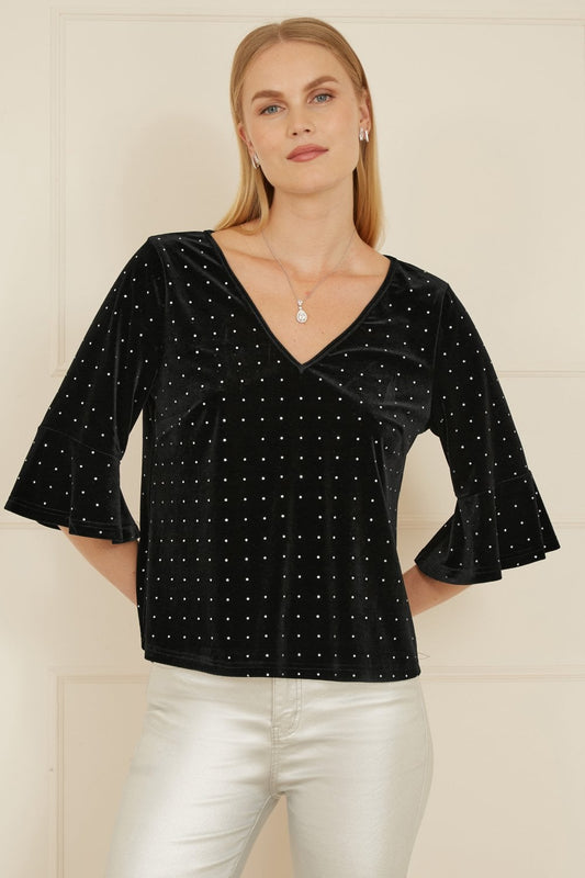 Yumi Black Stud Velvet Relaxed Fit Top With Fluted Sleeves - SHAWONÉ