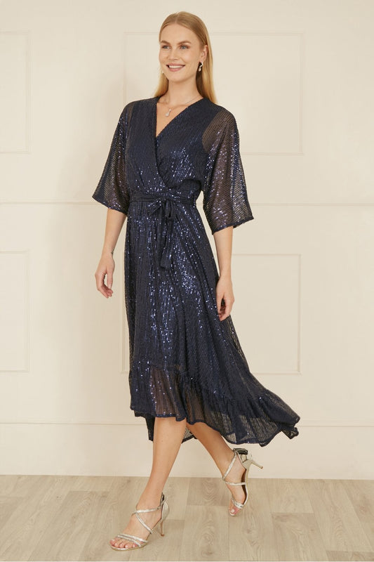 Yumi Navy Sequin Kimono Midi Wrap Dress - SHAWONÉ