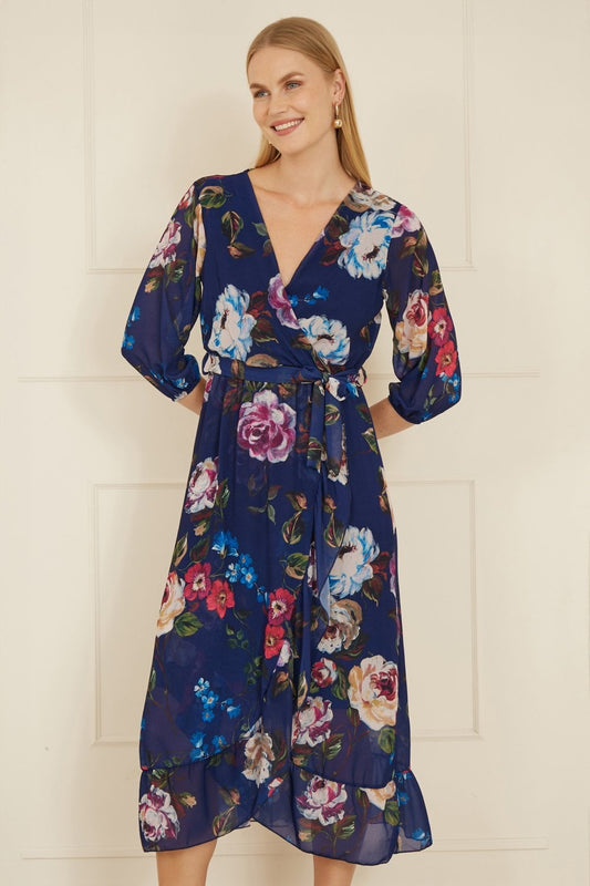 Yumi Navy Watercolour Dip Hem Midi Wrap Dress - SHAWONÉ