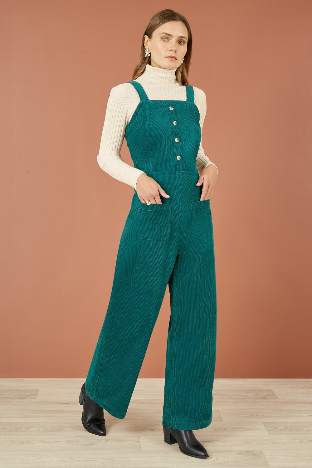 Yumi Teal Cord Stretch Dungaree Style Jumpsuit - SHAWONÉ