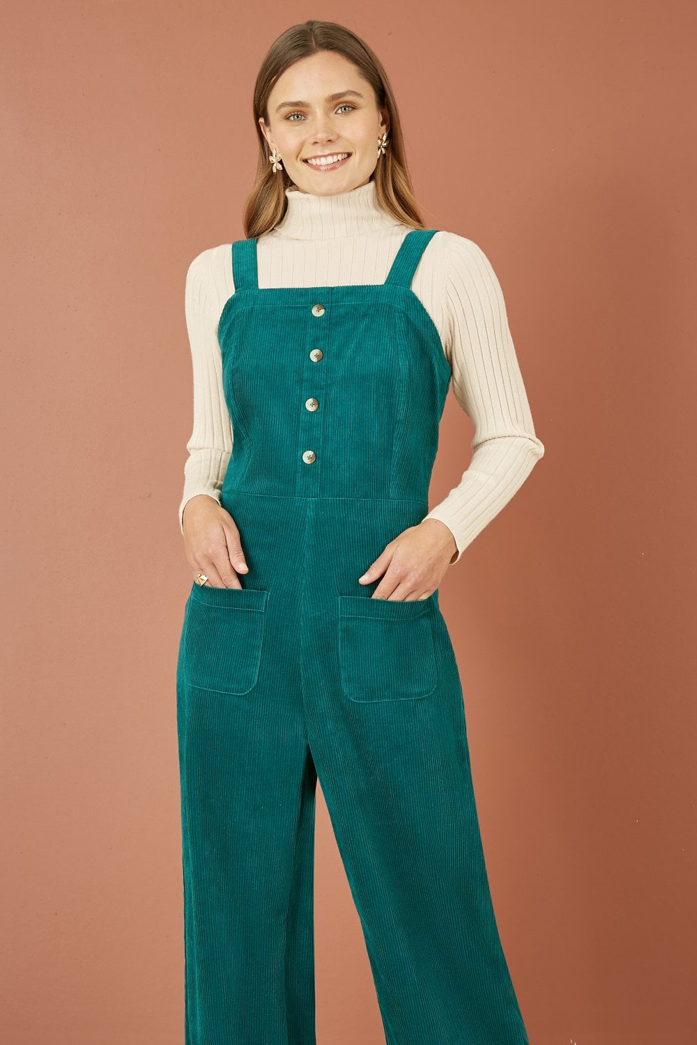 Yumi Teal Cord Stretch Dungaree Style Jumpsuit - SHAWONÉ