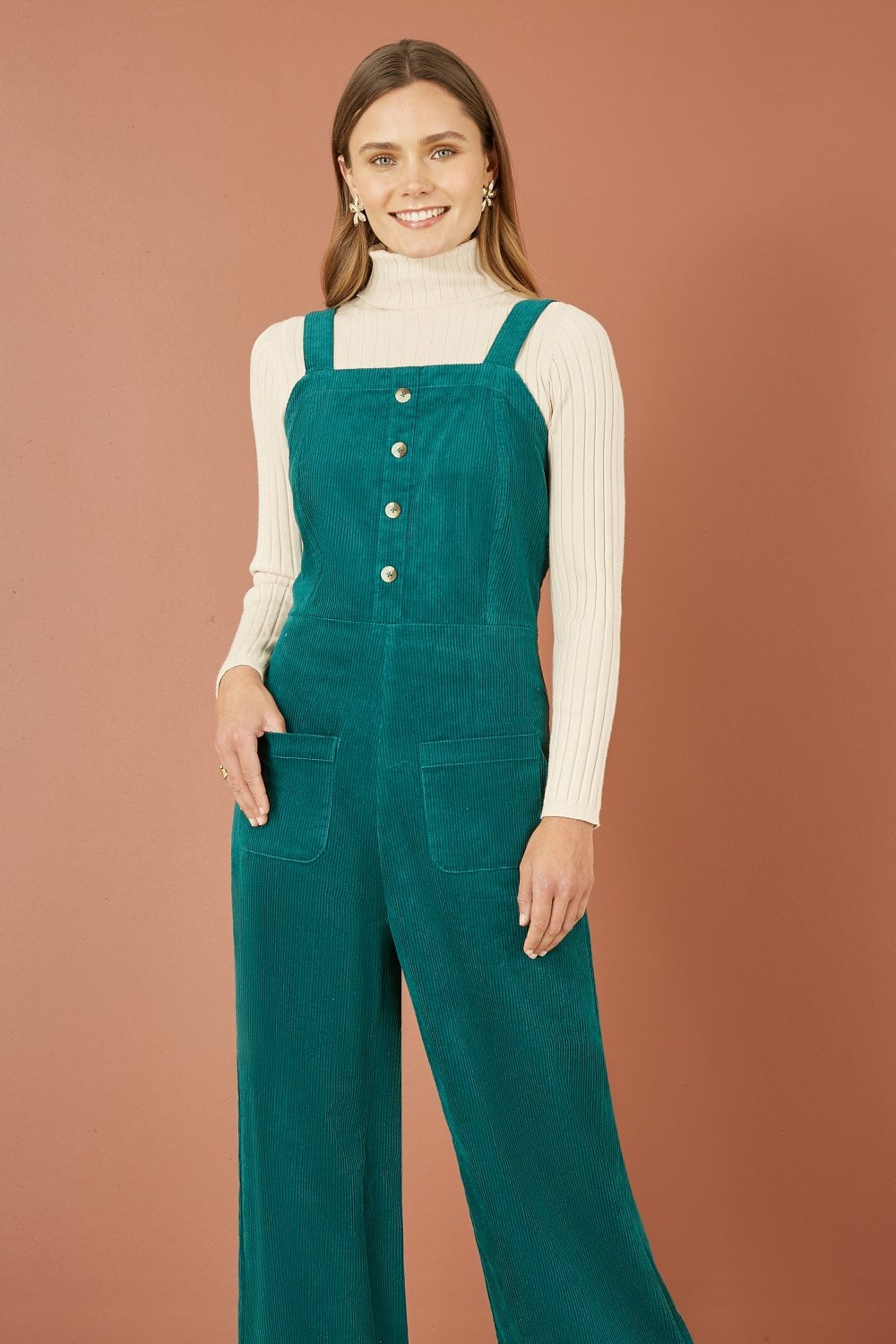 Yumi Teal Cord Stretch Dungaree Style Jumpsuit - SHAWONÉ