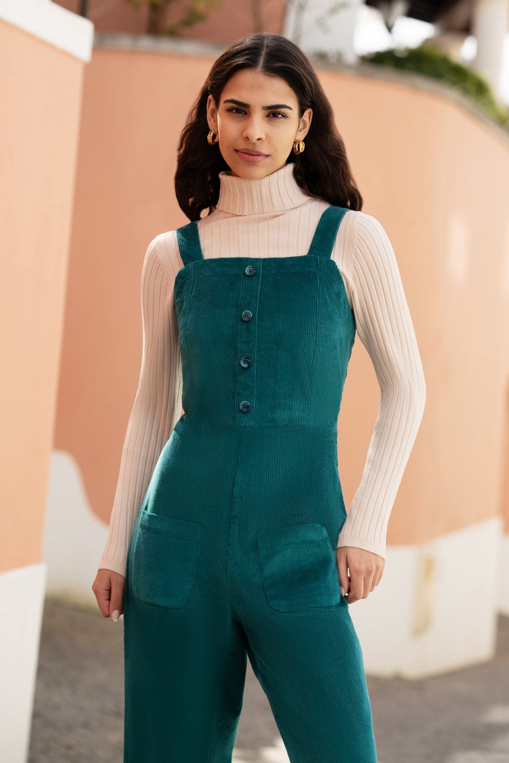 Yumi Teal Cord Stretch Dungaree Style Jumpsuit - SHAWONÉ