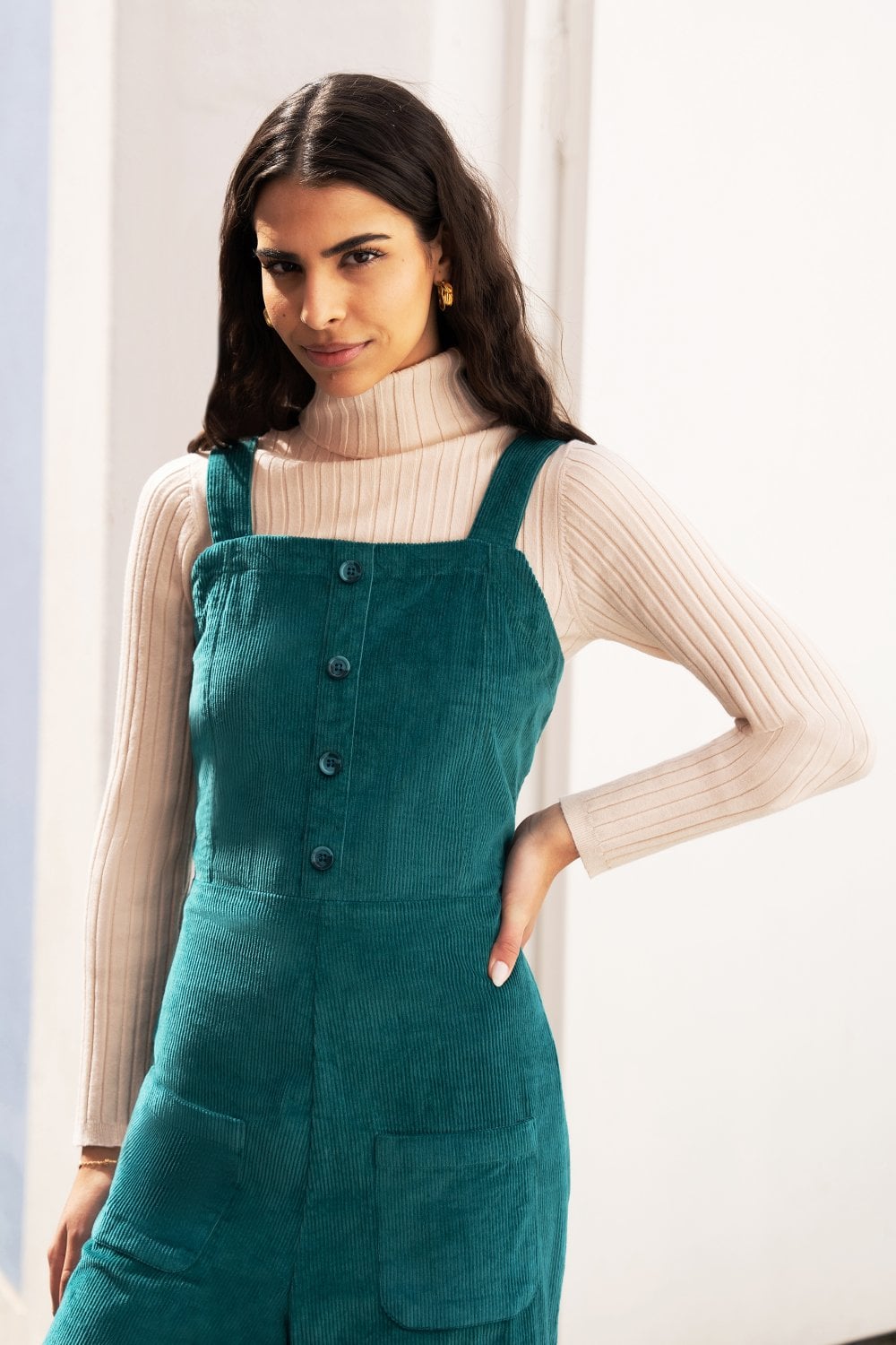 Yumi Teal Cord Stretch Dungaree Style Jumpsuit - SHAWONÉ