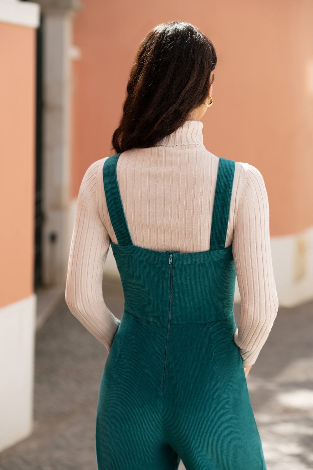 Yumi Teal Cord Stretch Dungaree Style Jumpsuit - SHAWONÉ