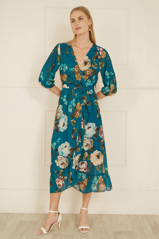 Yumi Teal Watercolour Dip Hem Midi Wrap Dress - SHAWONÉ